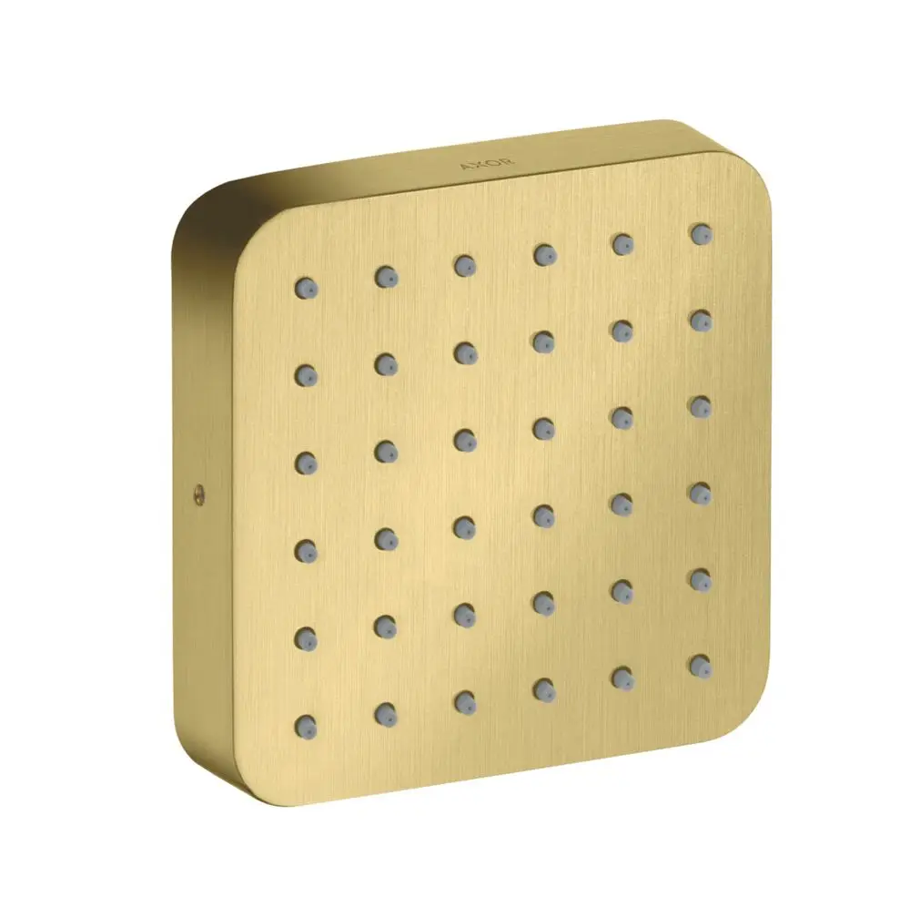 Brushed Brass Wand-Brausemodul von AXOR mit Quadrat-Design und angeordneten Auslassöffnungen. 
